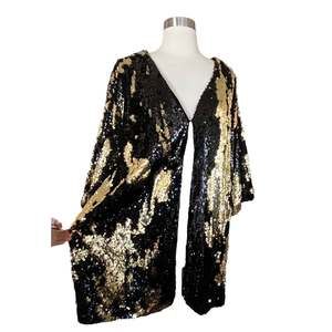 Evening Jacket Black Gold Sequined Coat Open Kimono Medium by ANTHONY ORIGINAL